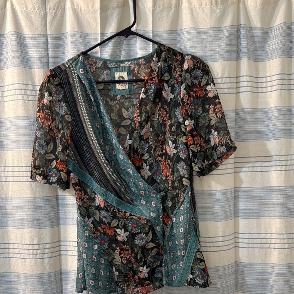 Anthropologie Tiny Lovely Patchwork Wrap  Floral Sheer Blouse Size Small